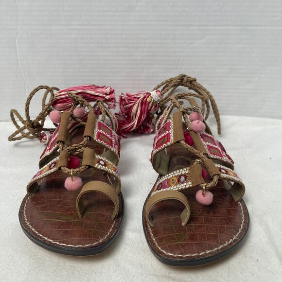 Sam Edelman Gretchen Boho Gladiator Tassel and Pompom Ankle Wrap Sandals - Picture 6 of 13